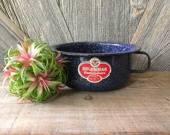 Vintage Enamel Large 7.5 inch Bowl {Enamelware Blue Graniteware Mug Soup Bowl} Herbs Succulent Plants. Vintage Planter Columbian Kitchen Art