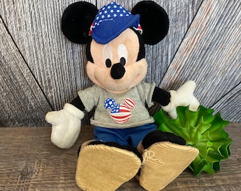 Vintage Mickey Mouse Beanie Babies {July 4th American Mickey 10 in Mini Bean Bag} The Disney Store Exclusive Stuffed Toy Disneyland