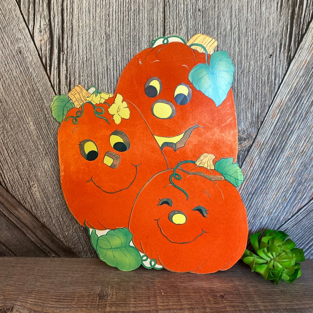 Vintage Halloween Die Cut Pumpkin Decoration Flocked Orange Jacko