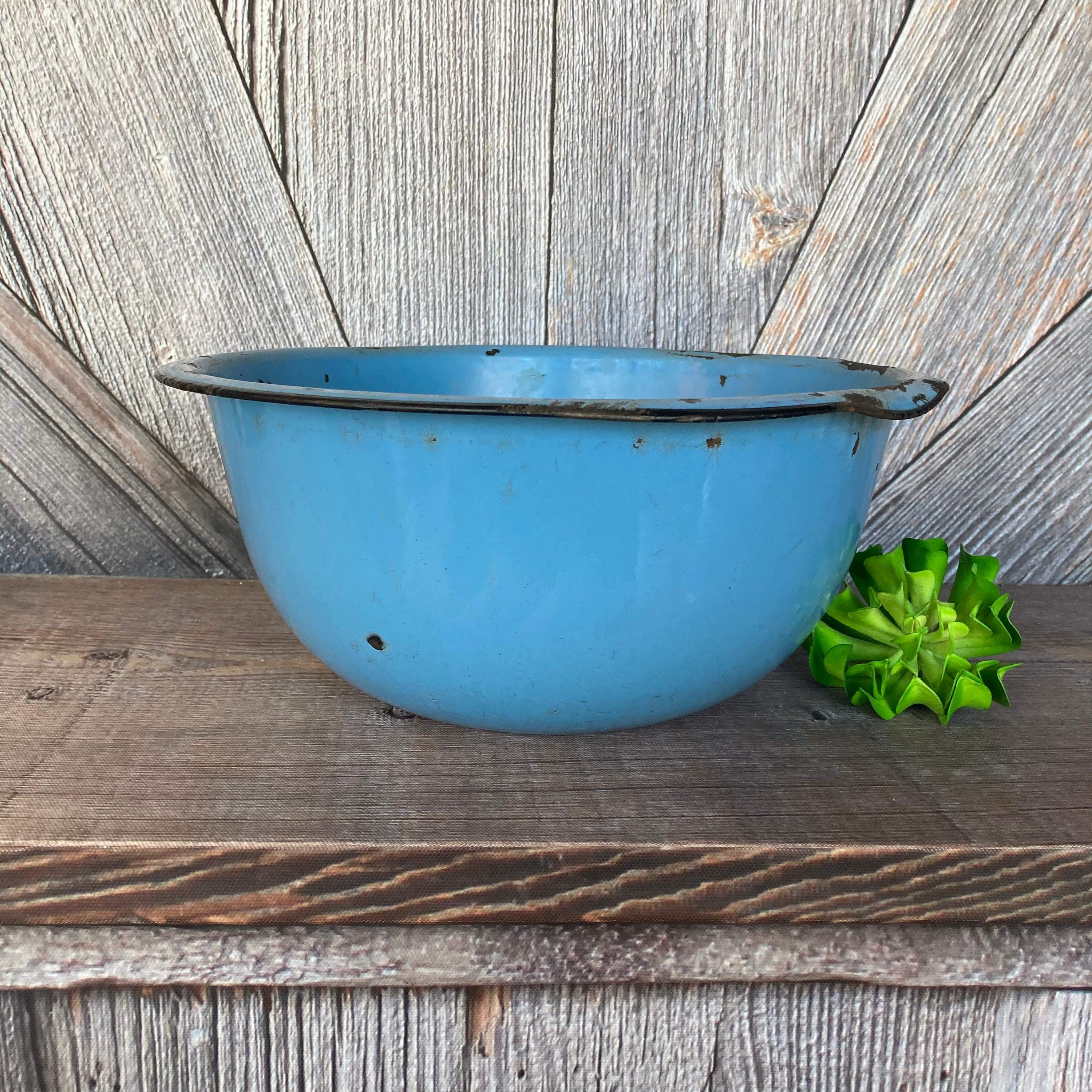 Vintage Enamel Bowl Large 12 Inch BLUE Bowl Enamelware Basin Herbs,  Succulent, Vintage Distressed Planter Indoor Garden Farmhouse Storage 