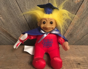Vintage Graduation Troll Doll {90s Super Grad Party Decor Plush Fabric Soft Body Troll Yellow Hair} Russ Berrie Large 9 inch Vintage dipolma