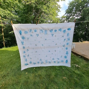 Vintage Blue Leaves 60 x 51 pulgadas Mantel de lino {Colores retro} Primavera Verano Brillante Lino Mantel Tarjeta Mesa Picnic