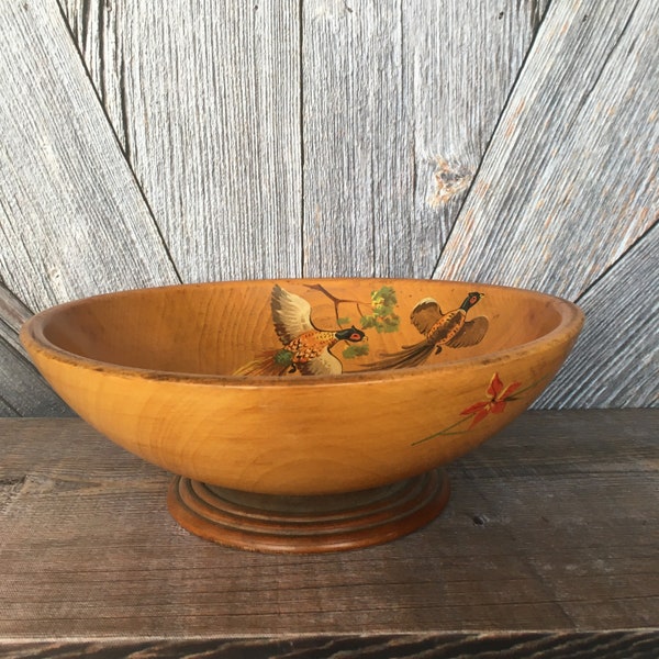 Vintage wooden pheasant bowl Bowl Mixing Bowl {Wood Salad Serving Bowl Painted Pheasant Accent Cabin Hunting Wedding Gift Kitchen Fruit Bowl