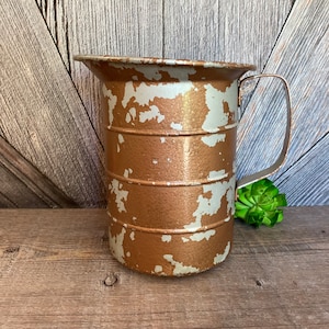 Vintage Metal Pitcher Water Pitcher, Milk Pitcher Chipped Paint Large Kitchen Decor Rustic Farmhouse Style Garden Planter Vase Ellathesella