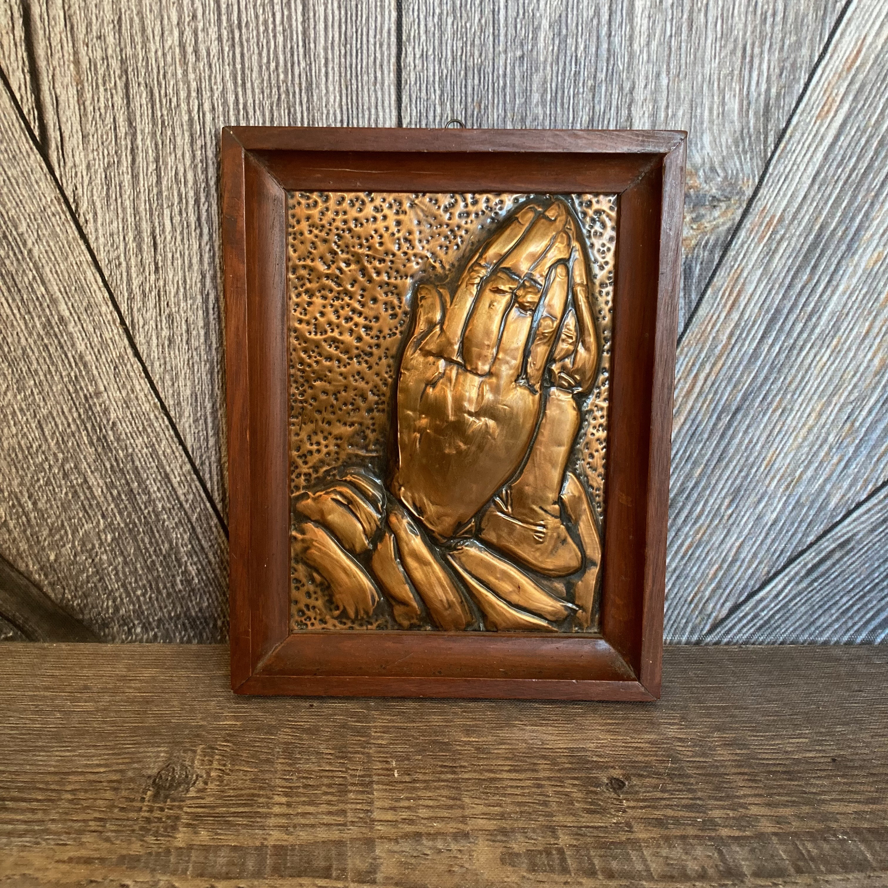 Vintage Praying Hands Picture Embossed Metal Copper Jesus Wall