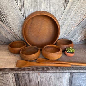 Vintage Teak Wood Salad Bowl Set 5 Bowls Salad Fork Set Genuine Thailand Teak Bowl Set Wedding Gift Retro Midcentury Modern