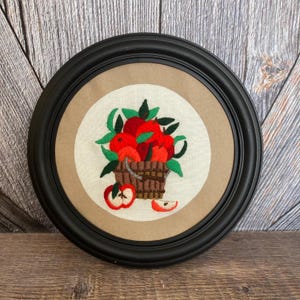 Vintage Apple Needlework Framed Apple Still Life Landscape Cross Stitch Embroidery 70s Handmade Finished Embroidered Apple Fruit Bowl Basket