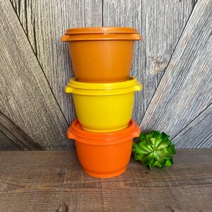 3 Vintage Tupperware Servalier Bowl Set Plastic Round Fall 70s Burnt Orange Yellow Nesting Vintage Kitchen Storage Canisters 866 1323