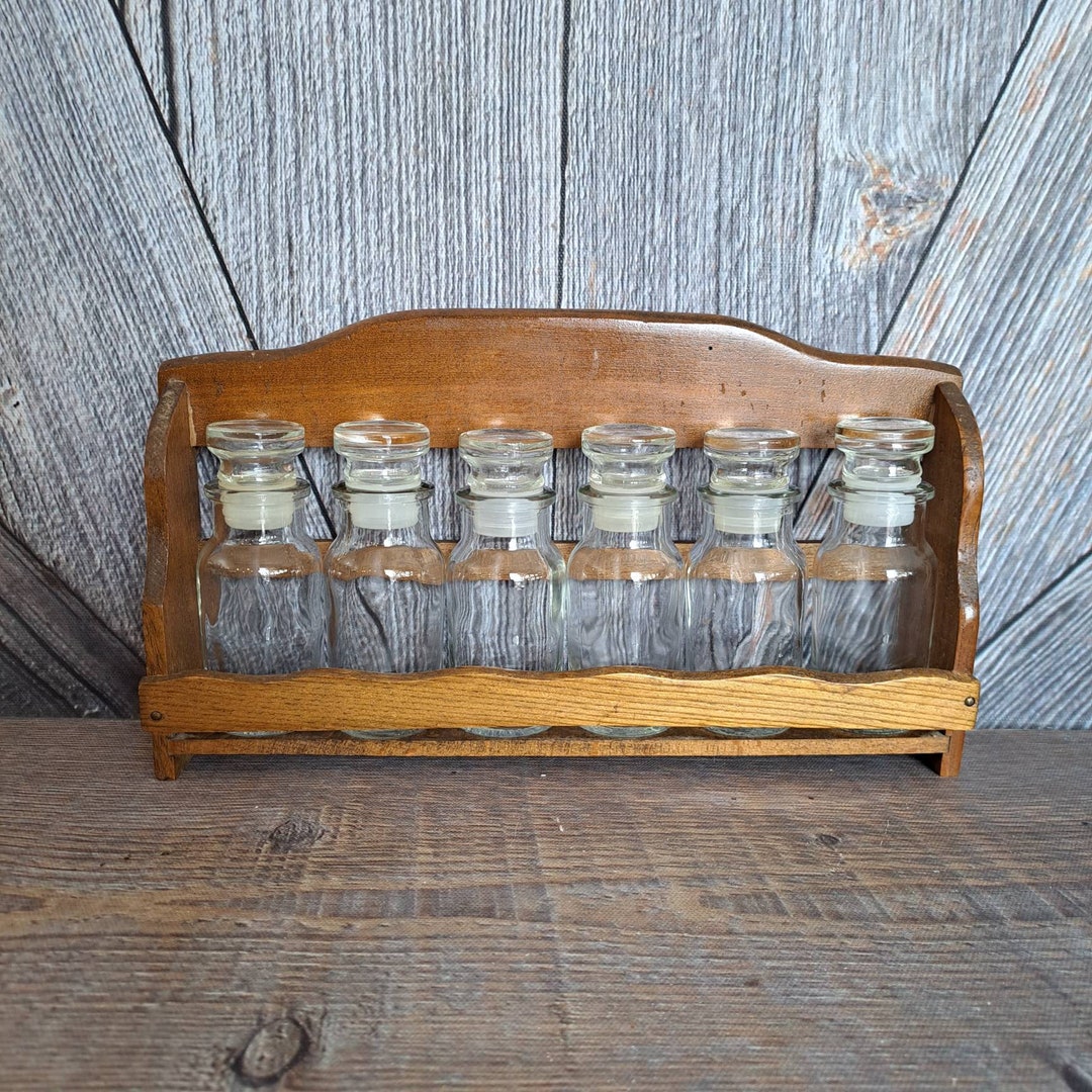 Vintage Wooden Spice Rack With Glass Jars Complete vintage MCM Hanging