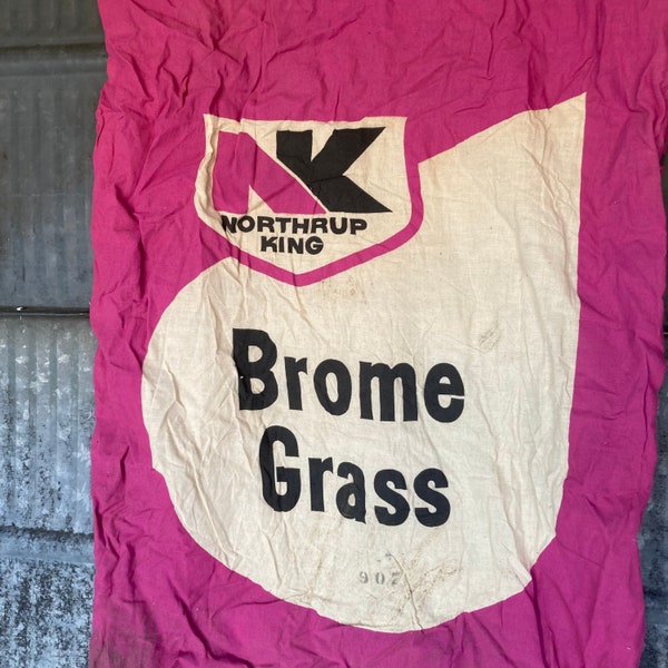 Vintage Northrup King Brome Grass Sack with tag Cotton Muslin Sack 1960s project sack great NK advertising sack Blue Earth Nebraska sack