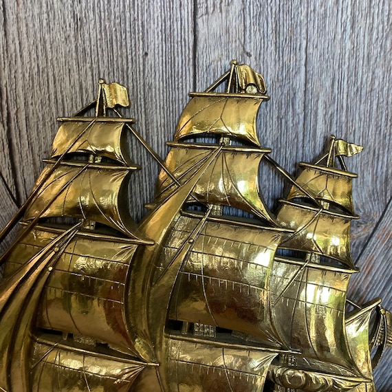 Gold Ship Plastic Clipper Ship Vintage Decor Nautical Wall Hanging