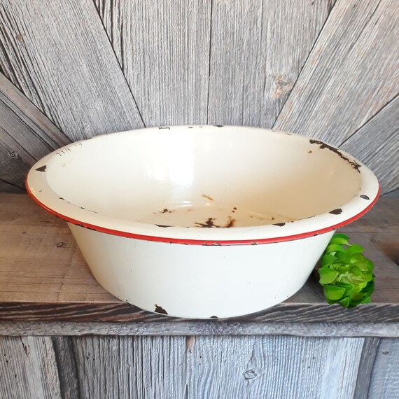 Vintage Enamel Bowl Large 16 in Large Bowl Enamelware Basin Herbs