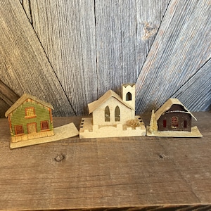 3 Vintage Putz Houses Christmas Decorative Houses Holiday Cardboard Paper Miniature Christmas Village 3.5 inches tall Holiday Town Church