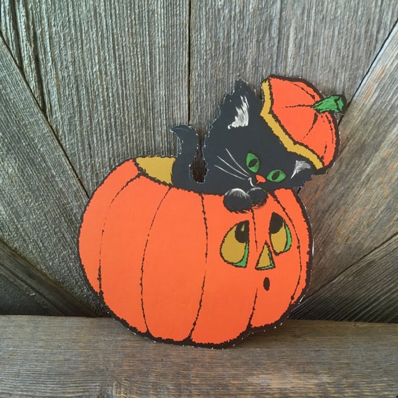 Vintage Halloween Pumpkin Decoration Black Cat Jack-o-lantern Pumpkin Die Cut Cardboard Paper Party Decoration Retro Decor double sided