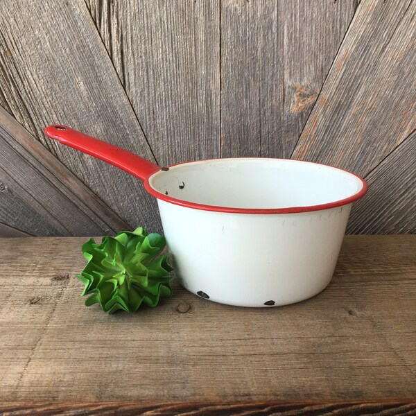 Vintage Enamel Pan Large 8 inch Pot Bowl Handle {Enamelware Basin White Red Edge} Herbs, Succulent, Plants. Planter Garden Kitchen Art Rusty