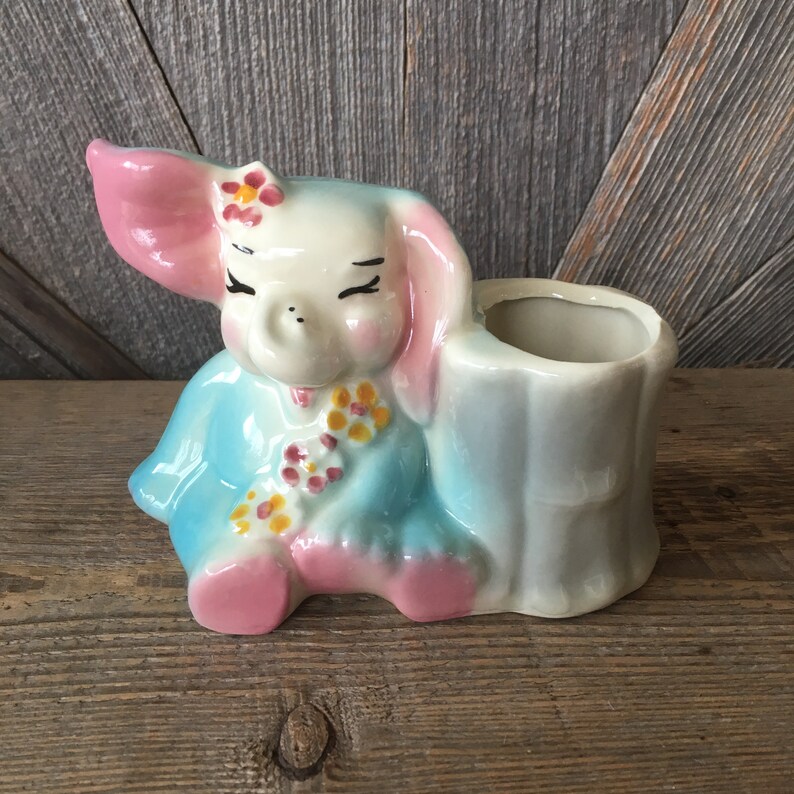 Vintage Ceramic Elephant Planter Cute Ceramic Baby Pink Blue Etsy