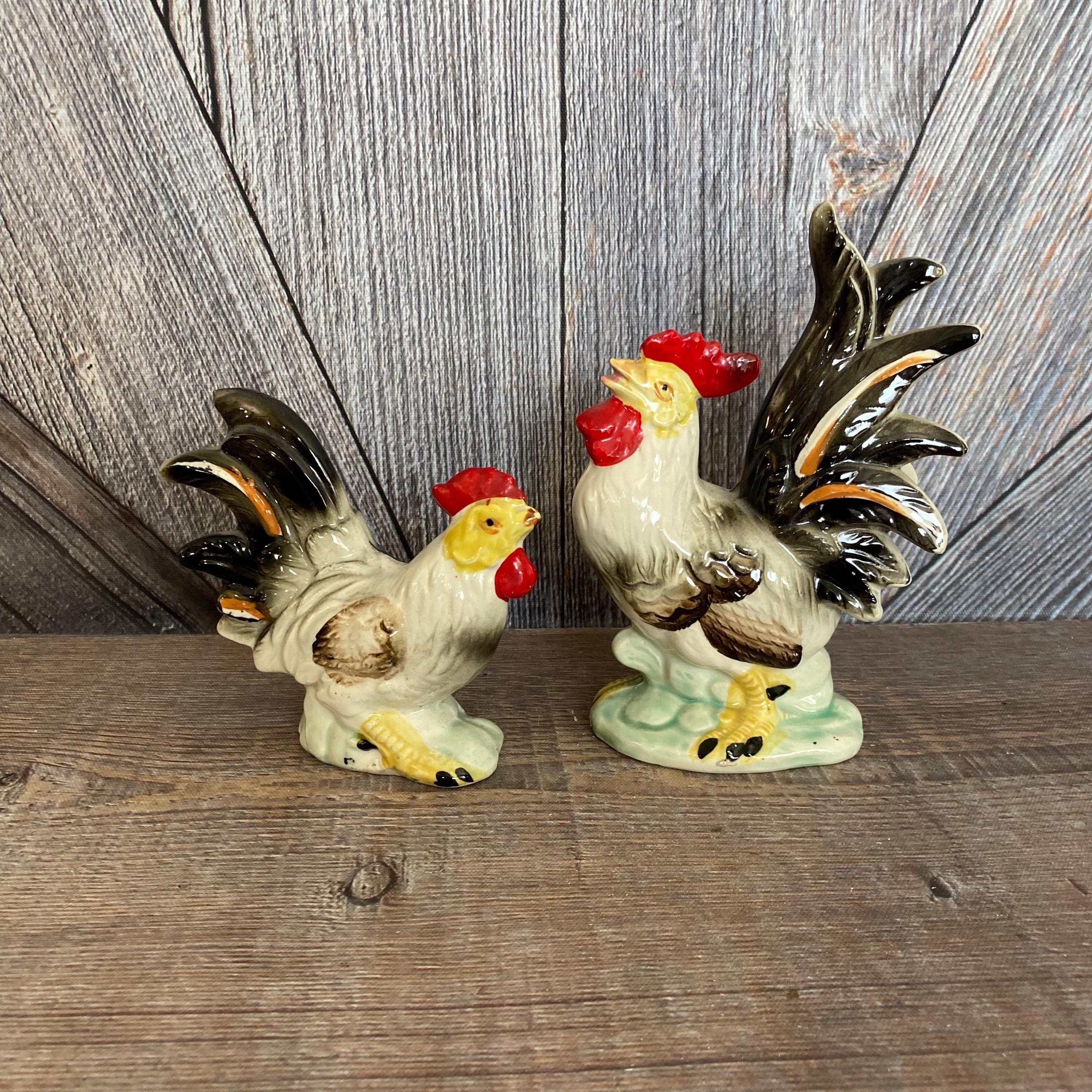 Vintage Ceramic Chickens Pair, Japan Ceramic Rooster and Hen