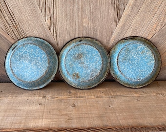 Vintage Blue Enamel Bowl {Enamelware Basin Blue Marbled Graniteware Pie Plate} Indoor Garden Succulent, Plants. Vintage Planter Kitchen Camp