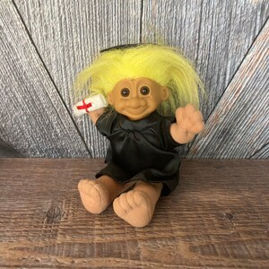 Vintage Graduation Troll Doll {90s Super Grad Party Decor Plush Fabric Soft Body Troll Yellow Hair} Russ Berrie Large 7 inch Vintage dipolma