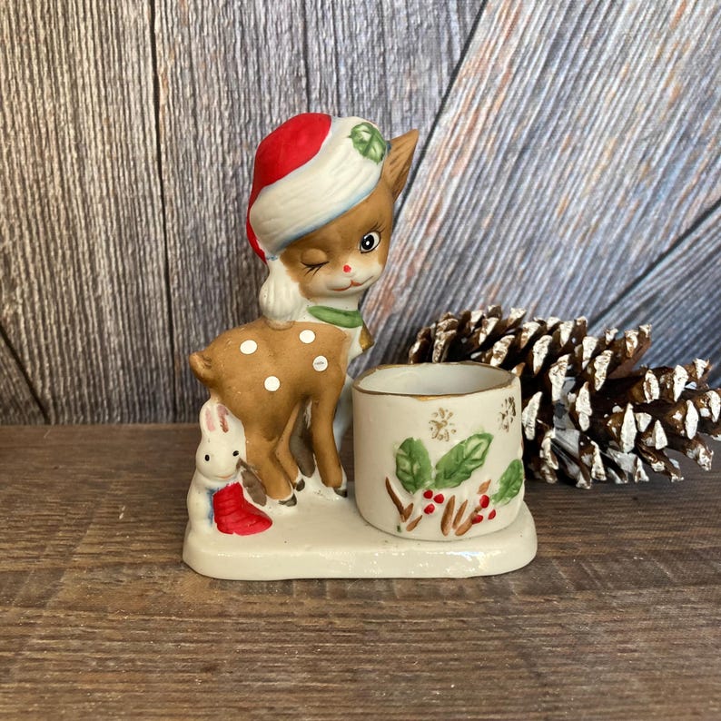 Vintage Christmas Reindeer Votive Candle Holder Ceramic Little Reindeer