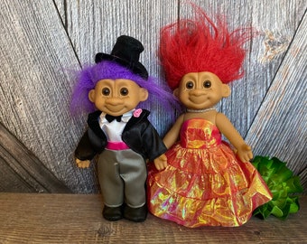 Vintage Troll Doll Couple {Russ Berrie Troll Set} Troll in LBD Black Dress {TALL 6.5 inch Troll} Vintage Troll Doll 90s Bride and Groom