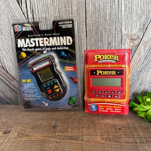 2 Vintage Electric Handheld Games Pocket Poker, Mastermind Miniature LCD Screen Video Games for Car Rides Vacations Ellathesella