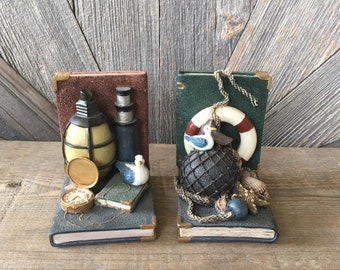 Nautical Book Ends {Nautical Sailboat Lighthouse Boat Book Ends Vintage Book Shelf Ends Pair Library Fun Office Decor Sea Decor Coast Ocean