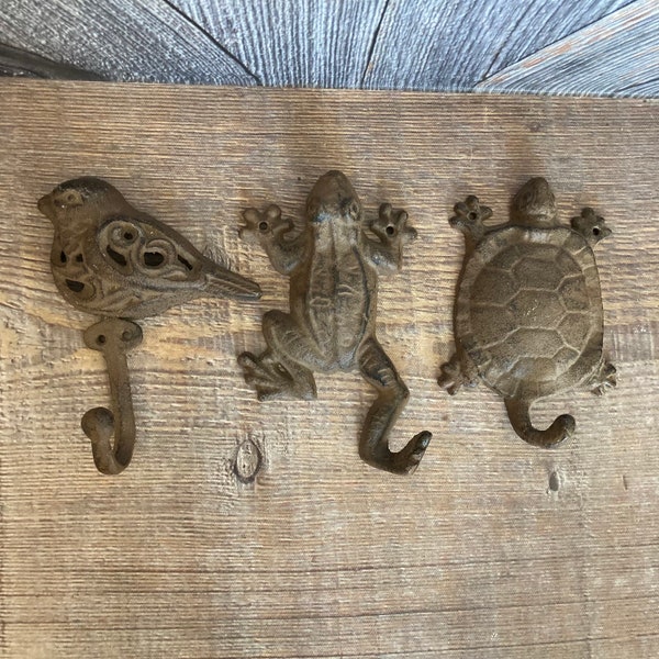 3 Cast Iron Hooks Turtle, Bird, Frog, Garden Decor, Hook for Watering Can, Coat Hook Hanger Heavy Metal Creatures Ellathesella