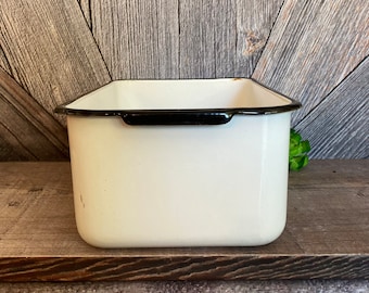 Vintage Enamel Bin Pan Fruit Crisper Drawer Enamelware Rectangular White Office Storage Container Veggies Produce