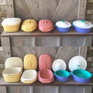 Vintage Tupperware Steamer {Plastic Microwave Tupper Ware Steamer Veggies} Pick one- Pink or Harvest Gold 3 Piece Serving Dish Square 1273