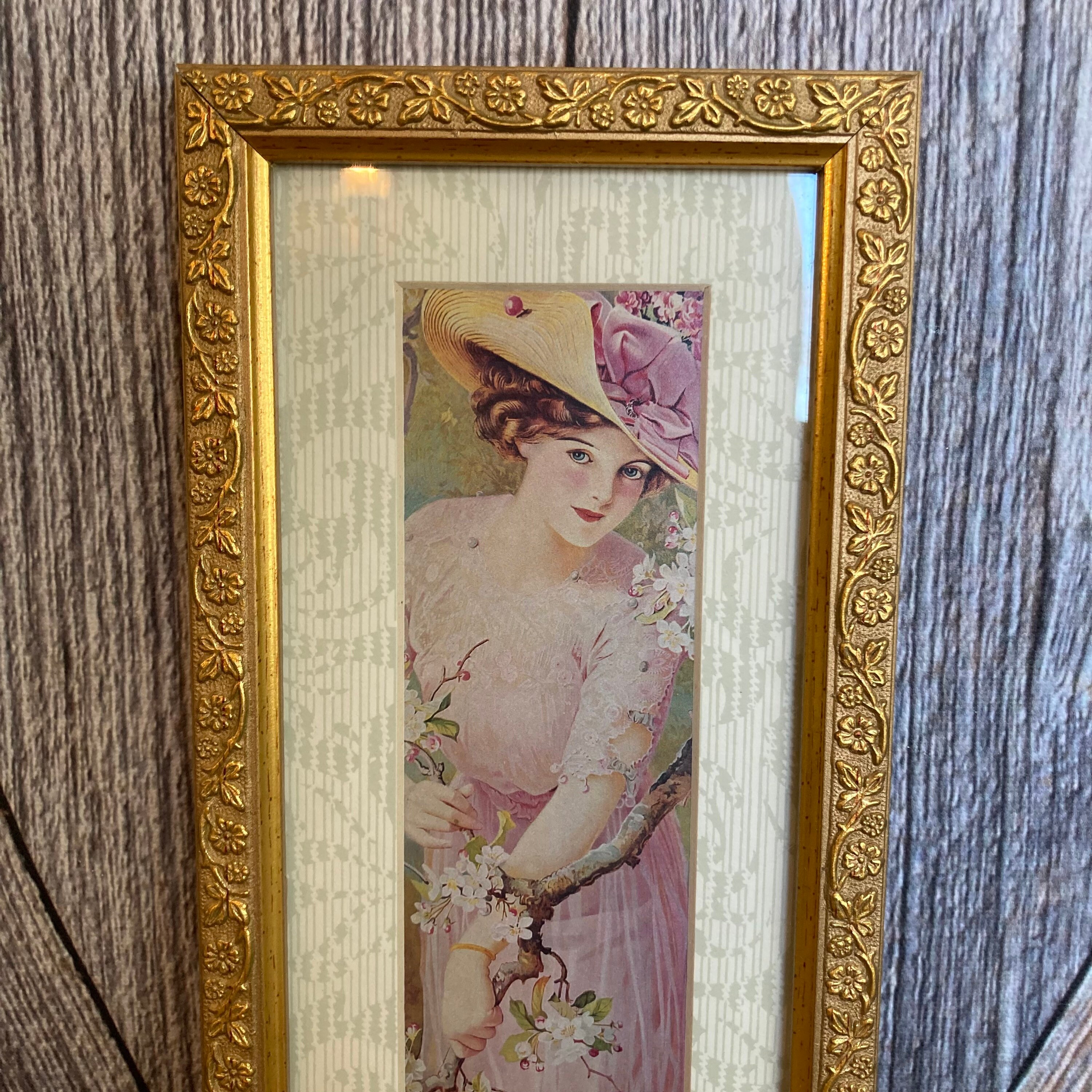 Vintage Victorian Girl Print Hollywood Regency Gold Frame Art Deco Lady ...