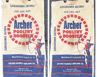 Vintage Archer Poultry Booster ADM Cotton Muslin Sack 1960s advertising sack Double sided Printing MPLS Mn Kansas City Mo Springfield Ill