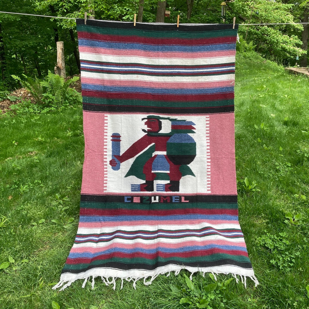 Vintage Mexican Blanket Handmade Woven Bedding Pink Cozumel Etsy