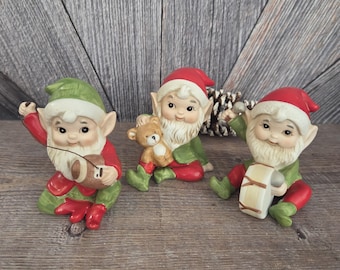 3 Vintage Homco #5618 Ceramic Elves Christmas Ornaments – Kitschy Holiday Decorations, Complete Set Great Condition