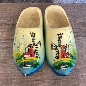Vintage Wooden Shoes {Dutch Wooden Clogs Painted Wood} Tulip Time Holland Souvenir Kids 8.5 6.5 inch, Home Decor, Pair of Shoes, Dutch
