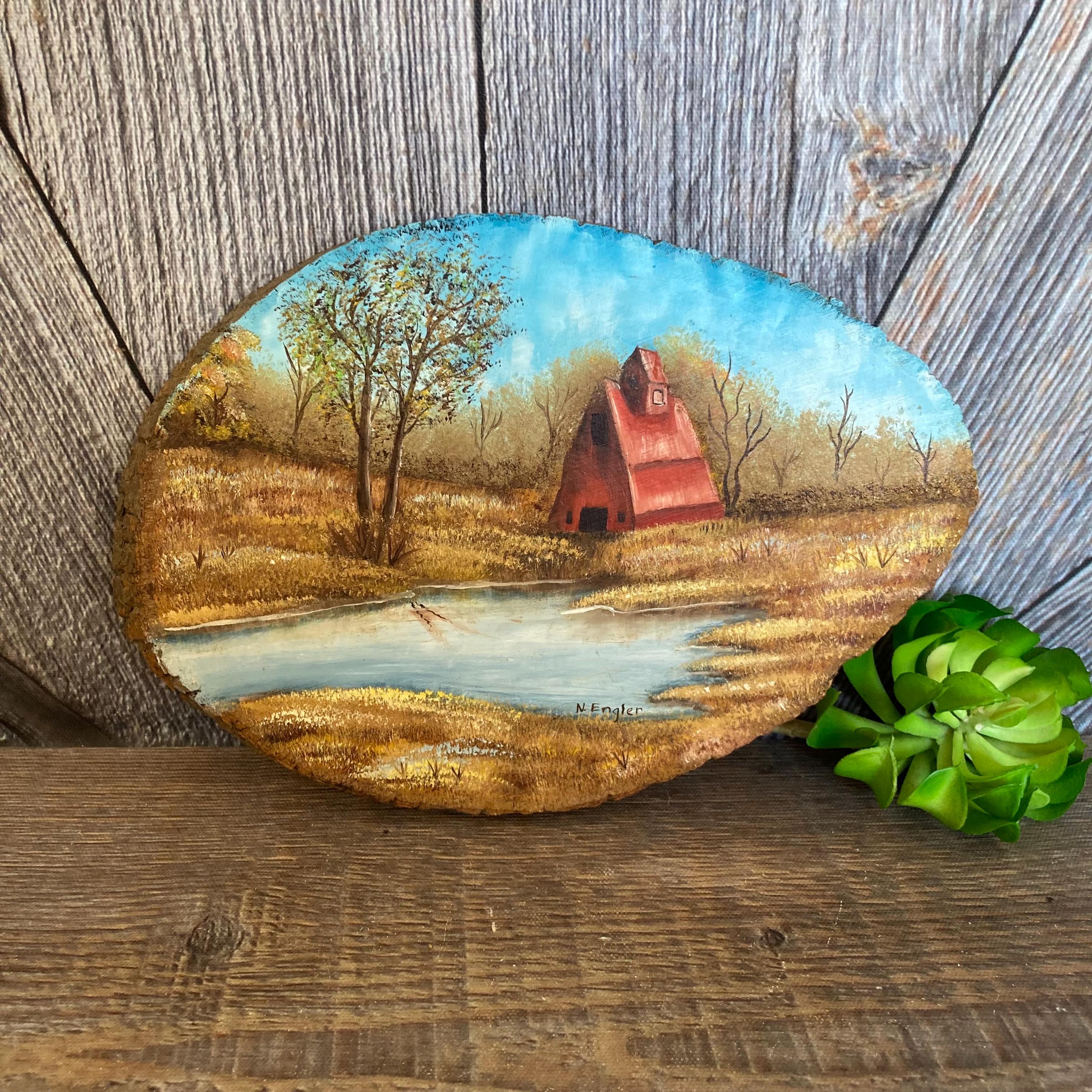 Vintage Barn Painting on Wood Disc Wooden Cut Tree Plank Wooden