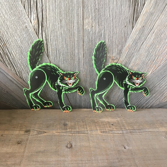 Two Vintage Halloween Black Cat Paper Decorations Jointed Etsy