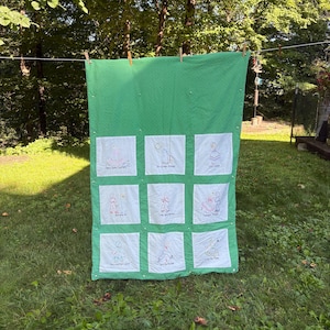 Vintage Baby Blanket, Nursery Rhyme Handmade Green Quilt Crib Coverlet Bedding Embroidered Embroidery Cross Stitch Baby Shower Gift