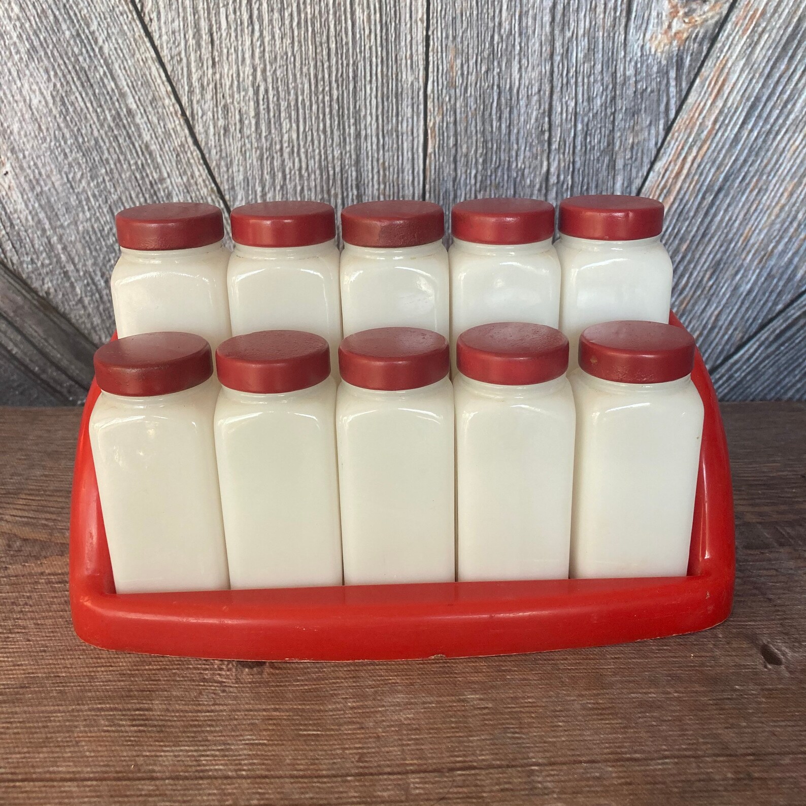 Vintage Milk Glass Spice Rack Red Plastic Glass Jars Complete Etsy