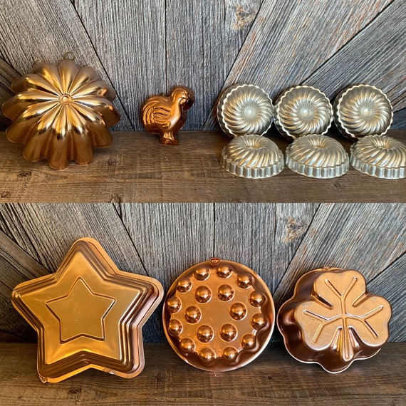 vintage jello molds, ring mold collection copper aluminum pans kitchen wall  hanging