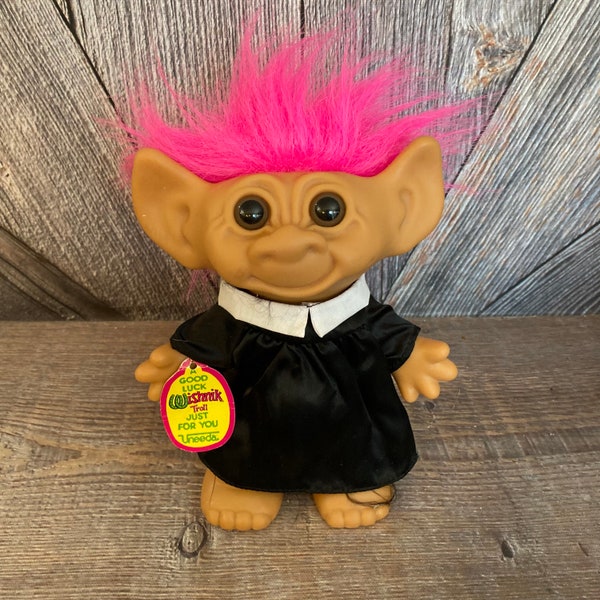 Vintage Wishnik Troll {OLD Troll Doll Juddge Graduate Priest Pink Hair Gown Large 8 inch Norfin Uneeda Doll Co Good Luck Wishnik Troll Doll
