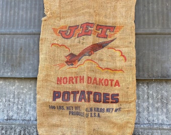 Vintage Jet North Dakota Potatoes burlap sack display sack ND Advertising North Dakota advertising CDC bag Red River Valley Jet mid-century