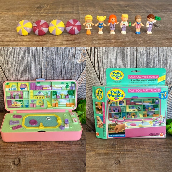 Vintage Polly Pocket Pool Party Playset COMPLETE with Box Compact Polly Pocket Bluebird 1989 LARGE Pink Rectangular Compact 90s Toy Cruise