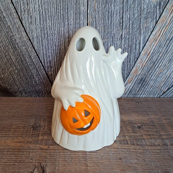 Vintage Dakin 90s Ghost Votive {Ceramic Ghost Candle Holder Halloween Decoration} Glowing Ghost Retro Trick or Treat Party Decoration