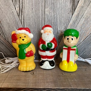 Vintage 9 INCH Christmas Blow Mold Pick 1 Christmas Light Plastic BlowMold 9" Blow Mold Santa Claus TeddyBear Elf Gift Party Decor Retro LED