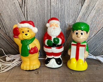 Vintage 9 INCH Christmas Blow Mold Pick 1 Christmas Light Plastic BlowMold 9&quot; Blow Mold Santa Claus TeddyBear Elf Gift Party Decor Retro LED