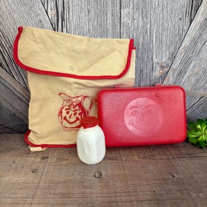 Vintage Kool Aid bag Lunchbox and Water Bottle Set Plastic Vintage Kid Refreshment Red Dishes Play Set Camping Plastic OH YEAH!