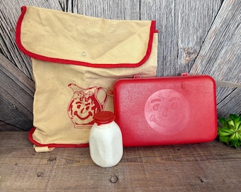 Vintage Kool Aid bag Lunchbox and Water Bottle Set Plastic Vintage Kid Refreshment Red Dishes Play Set Camping Plastic OH YEAH!