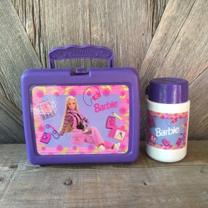 Barbie Lunch Box and Thermos vintage 90's Purple Plastic Lunch Box and  Plastic Thermos Kid Complete School Set Barbie Doll Floral Set 