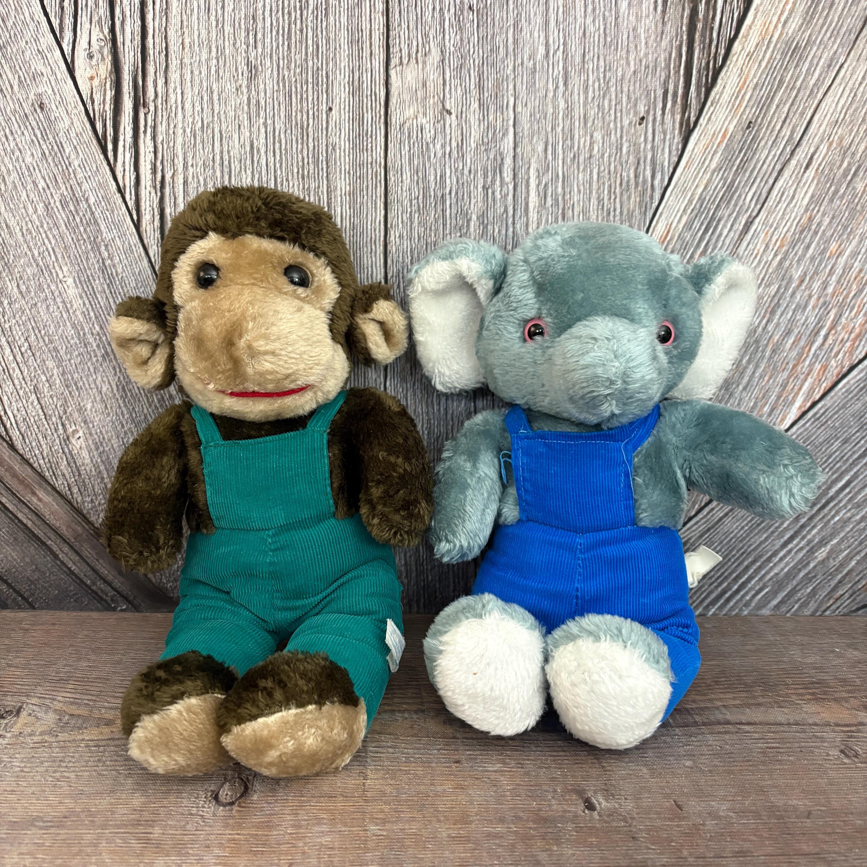 2 Vintage Interpur Plush Toys, Elephant and Monkey With Corduroy 